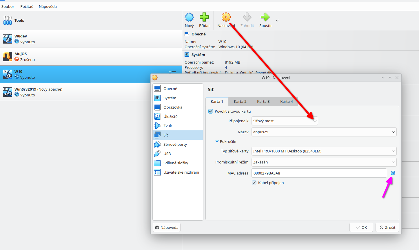 Virtualbox sitovy most